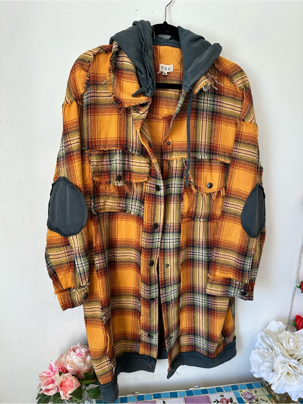 POL Yellow Plaid Flannel Hooded Utility Shacket Shirt M L XL - Picture 7 of 8